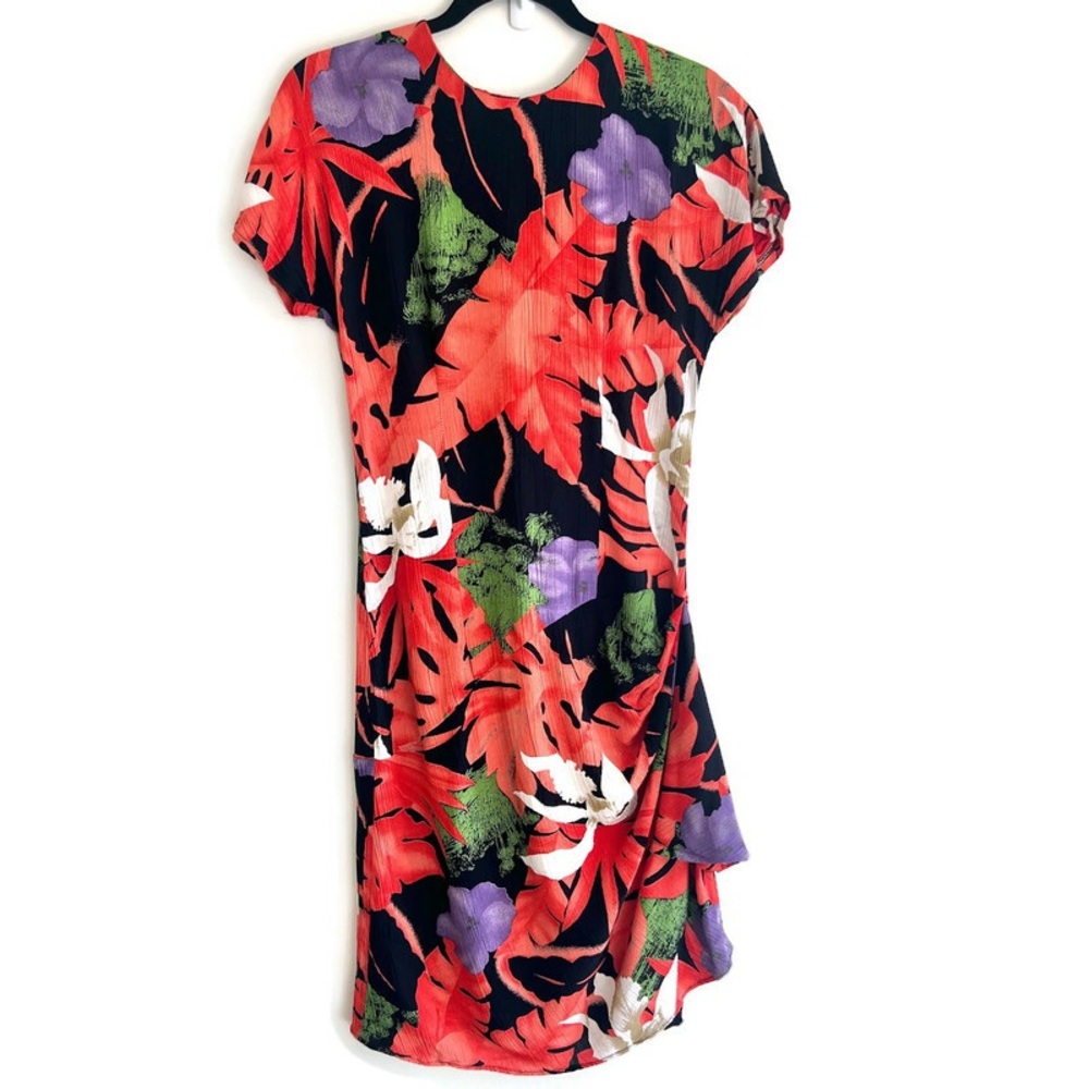 90s Flirty Cocktail Dress Tropical Hibiscus Print Coral Black Small